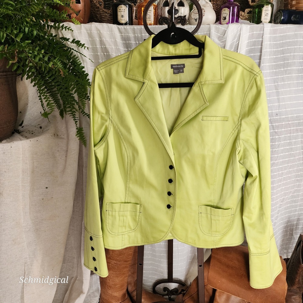 Anthracite Anthropologie Chartreuse Lime Green Cotton Blazer Jacket Womens 12
